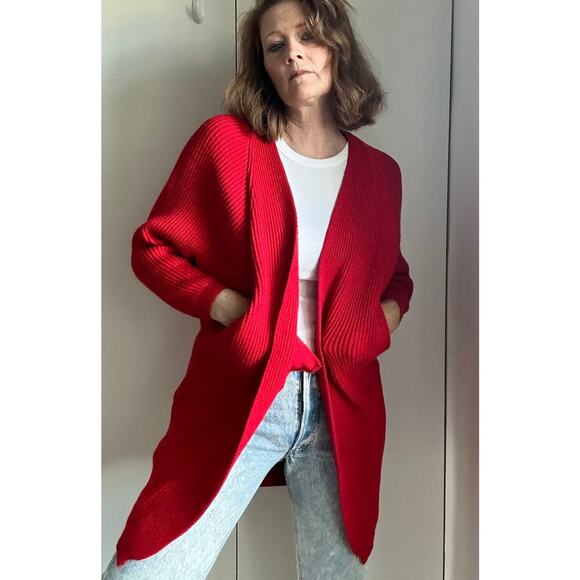 Lovers + Friends Cardigan Ribbed Sweater Red Size Small Heavy knit Midi Pockets - Picture 1 of 9